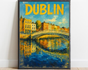 Dublin-poster – kleurrijke halfpenny bridge-muurkunstafdruk | Ierland Cityscape Decor voor reisliefhebbers