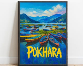 Pokhara Poster – Colorful Nepal Wall Art, Himalayan Lake Print, Travel Landscape Decor