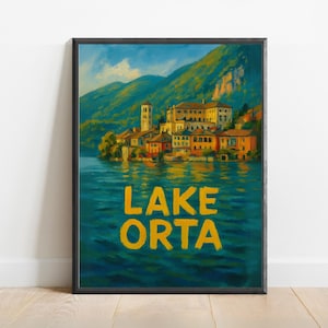 Lake Orta Poster – Italian Lakeside Village Wall Art, Romantic Italy Travel Print, Colorful Landscape Decor