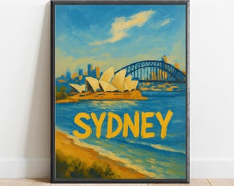 Sydney Poster – Australiensisk väggkonsttryck med Operahuset och Harbour Bridge, kustnära resedekor