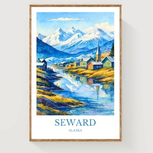 May include: Watercolor painting of Seward, Alaska, featuring a river reflecting snow-capped mountains and a quaint village. The artwork showcases a blue sky, vibrant colors, and the text "SEWARD ALASKA" at the bottom, framed in a wooden border.