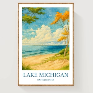 Lake Michigan, Watercolor design poster, United States Print, Lake Michigan Wall Art