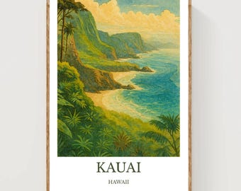 May include: A framed art print of Kauai, Hawaii. The print depicts a coastal landscape with lush green cliffs, a sandy beach, and turquoise water. The sky is a mix of yellow and blue. The word "KAUAI" and "HAWAII" are printed at the bottom.