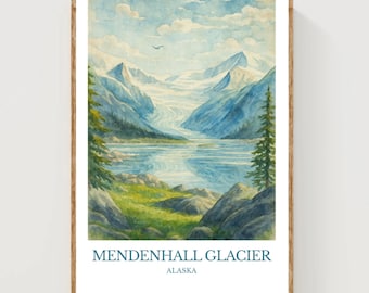 May include: Watercolor print of Mendenhall Glacier in Alaska, framed in a wooden frame. The artwork depicts a serene landscape with a glacier, lake, mountains, and trees. The text "Mendenhall Glacier Alaska" is at the bottom.