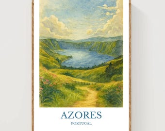 Azores, Póster con diseño de acuarela, Impresión de Portugal, Arte mural de las Azores