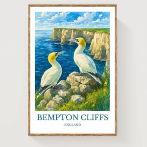 May include: A watercolour print featuring two gannets on rocks, with a coastal cliff in the background. The birds have white bodies, yellow heads, and black wingtips. The artwork is set against a blue sea and sky, with the text "Bempton Cliffs England" at the bottom.