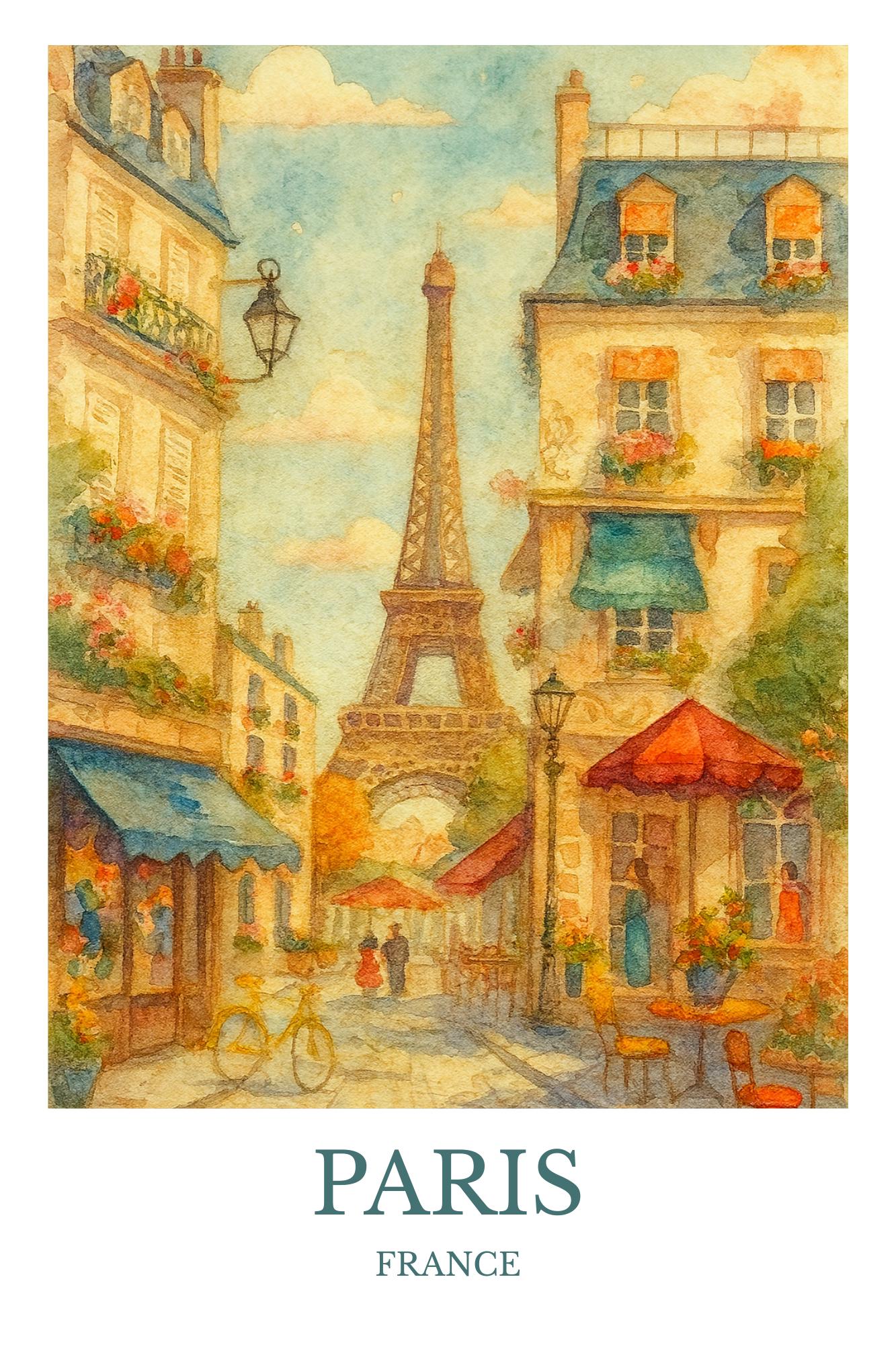 パリ、水彩画デザインポスター、フランスのプリント、パリの壁アート