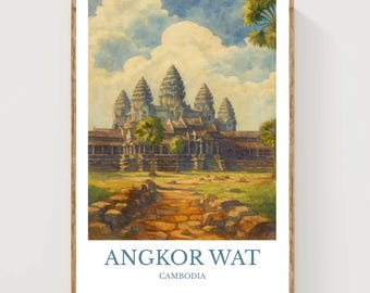 アンコールワット カンボジア 水彩画：アジアの寺院アートプリント 