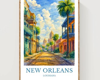 May include: Watercolor print of a New Orleans street scene. The artwork features colorful buildings, palm trees, and a bright blue sky with fluffy clouds. The text "NEW ORLEANS LOUISIANA" is printed at the bottom of the image, framed in a wooden frame.