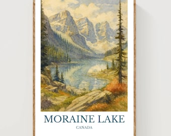 Lago Moraine, poster con design ad acquerello, stampa canadese, arte murale del lago Moraine