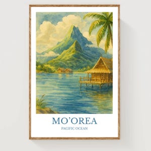 Mo'orea-tryck, vintage akvarellstil väggkonst i Stilla havet