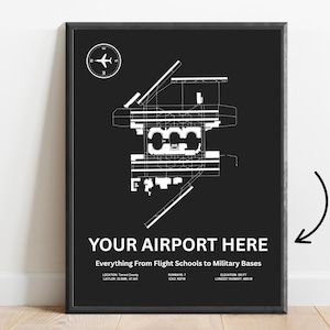 Cartaz de aeroporto personalizado – Qualquer aeroporto dos EUA - Mapa de pôster com planta de layout de pista