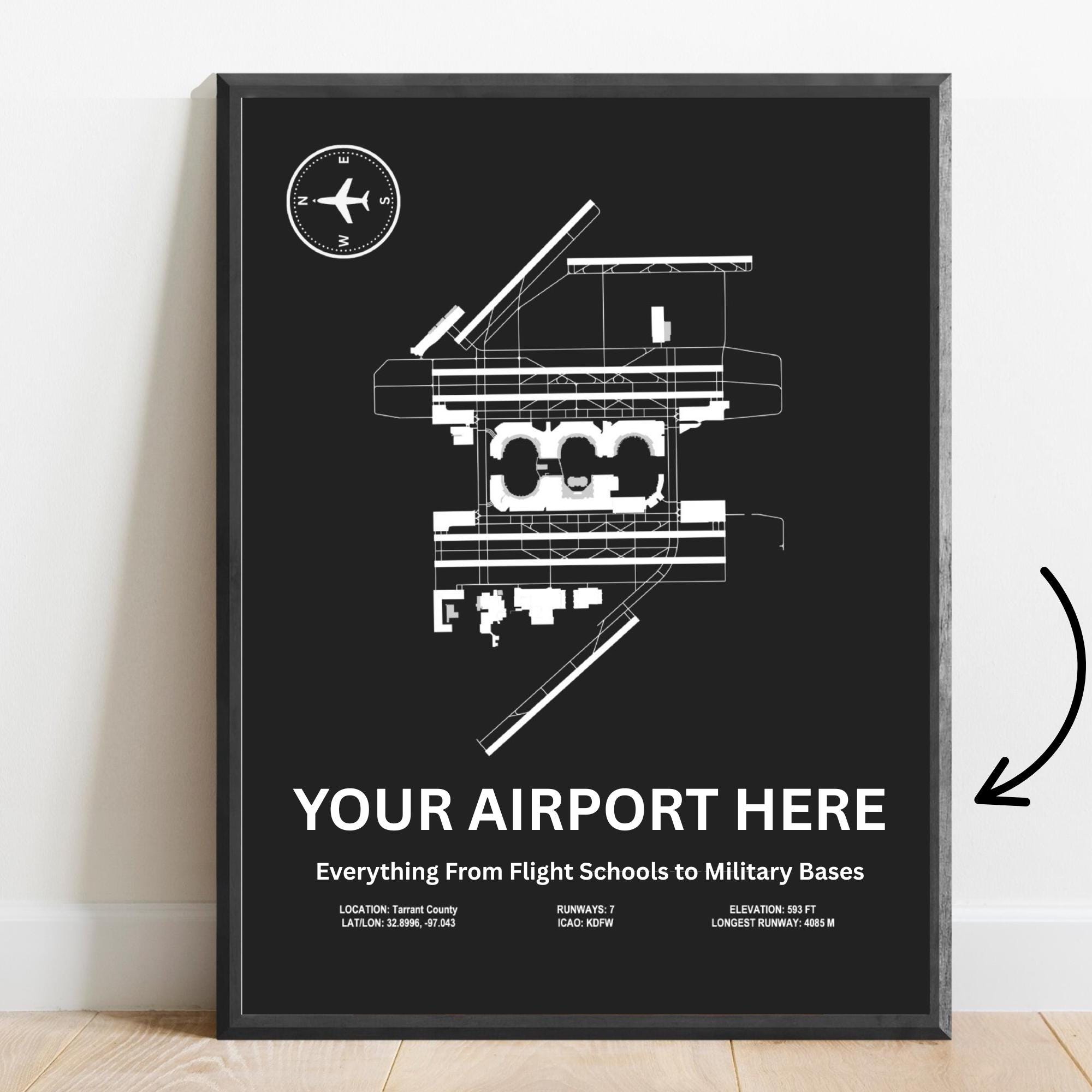 Custom Airport Poster – Any US Airport - Runway Layout Blueprint Poster Map