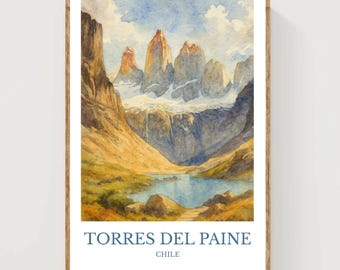 Torres del Painte, Aquarell, Design Plakat, Chile Druck, Torres del Painte Wandkunst
