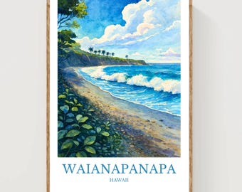 May include: Watercolor print of Waianapanapa, Hawaii, featuring a scenic beach with turquoise waves, a sandy shore, and a lush green cliffside under a bright blue sky with fluffy white clouds. The print is framed in a wooden frame.