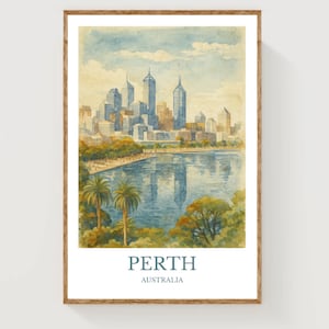 May include: Watercolor print of Perth, Australia, featuring a cityscape with tall buildings reflected in the water. Palm trees and lush greenery frame the foreground. The text "PERTH AUSTRALIA" is printed at the bottom.