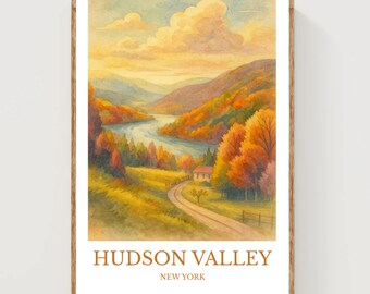 Póster con diseño de acuarela del Valle del Hudson, Estados Unidos. Impresión, Arte mural del Valle del Hudson.
