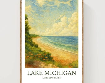 Michigansjön, akvarell affisch, USA-tryck, Michigansjöns väggkonst