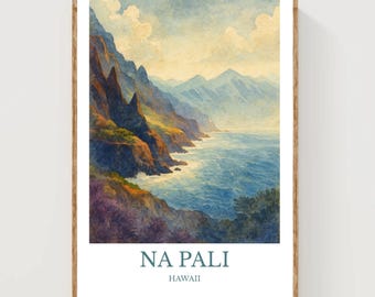 May include: Watercolor print of the Na Pali coast in Hawaii, featuring rugged cliffs, blue ocean, and distant mountains. The artwork is framed in a wooden border and includes the text "NA PALI HAWAII" at the bottom.