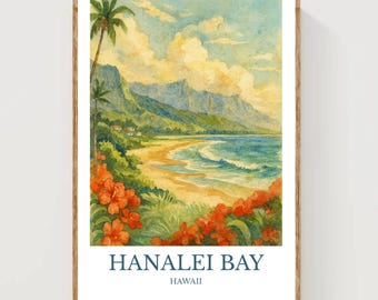 Può includere: Stampa ad acquerello incorniciata di Hanalei Bay, Hawaii. L'opera raffigura una scena di spiaggia tropicale con palme, montagne e fiori rossi. Il testo "HANALEI BAY" e "HAWAII" è stampato in basso, in una cornice di legno.