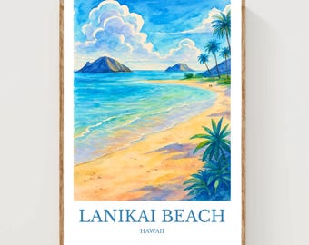 Lanikai Beach, Watercolor design poster, Hawaii Print, Lanikai Beach Wall Art