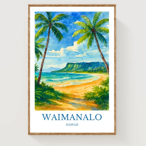 ワイマナロビーチのポスター、ヴィンテージ水彩画風オアフ島プリント