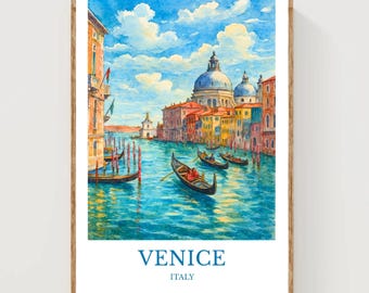May include: Watercolor print of Venice, Italy, featuring gondolas on a turquoise canal, historic buildings, and a bright blue sky with fluffy clouds. The word "VENICE" is printed in blue, with "ITALY" below it.