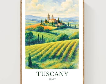 Puede incluir: Impresión en acuarela de un paisaje toscano con colinas, viñedos y un edificio a lo lejos. La obra presenta una vibrante paleta de colores verdes, amarillos y azules, con las palabras "TUSCANY" e "ITALY" impresas en la parte inferior. Enmarcado en un marco de madera.