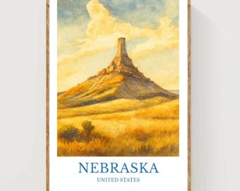Nebraska, pôster de aquarela, impressão dos Estados Unidos, arte de parede de Nebraska