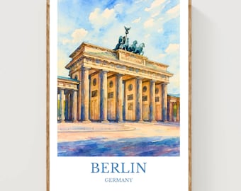 Puede incluir: Impresión en acuarela de la Puerta de Brandeburgo en Berlín, Alemania, bajo un cielo azul con nubes. La obra presenta el icónico monumento neoclásico con sus columnas y la estatua de la Cuadriga. La palabra "BERLÍN" está impresa debajo.