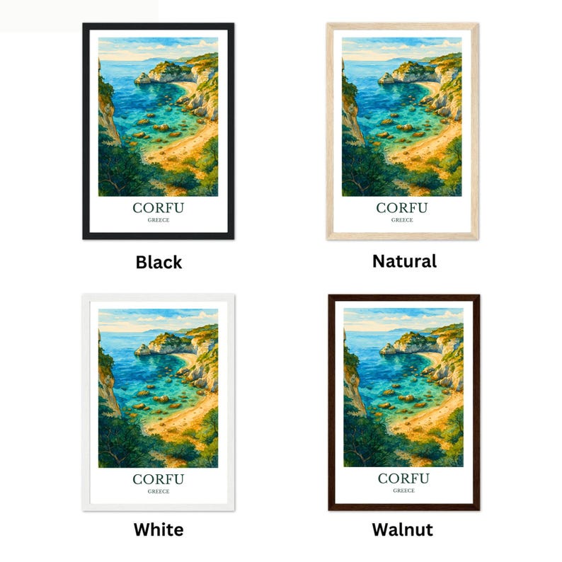 Pu&ograve; includere: Quattro stampe artistiche incorniciate raffiguranti un paesaggio costiero con acqua turchese, una spiaggia sabbiosa e scogliere. Ogni stampa &egrave; etichettata con "CORFU GREECE" e incorniciata in nero, naturale, bianco e noce.