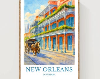 May include: Watercolor print of a New Orleans street scene. The image features a horse-drawn carriage on a cobblestone street, with buildings in shades of orange and blue. The text "NEW ORLEANS LOUISIANA" is at the bottom.