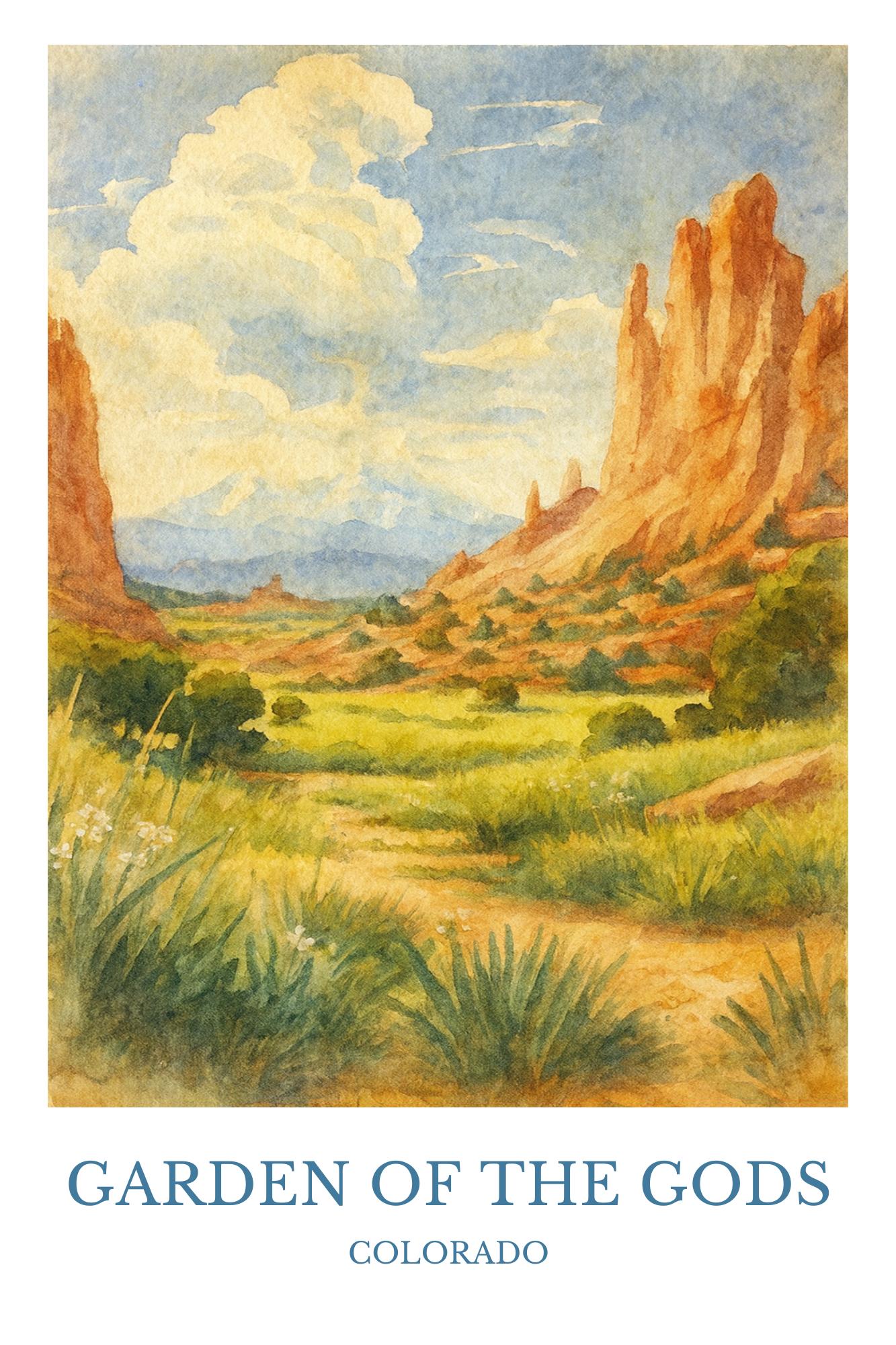 Garden of the Gods, Watercolor Design Poster, Colorado Print 