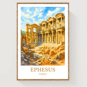 Puede incluir: Impresión en acuarela de las ruinas de Éfeso en Turquía. La obra representa la fachada de un edificio clásico con columnas, sobre un cielo azul con nubes. El texto "Éfeso Turquía" está impreso en la parte inferior.