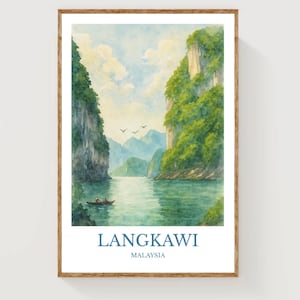 May include: Watercolour print of Langkawi, Malaysia, depicting a tranquil bay enclosed by verdant cliffs. A small boat with two figures drifts on the turquoise water. The sky is a soft blue with fluffy clouds. The print is framed in a wooden frame.