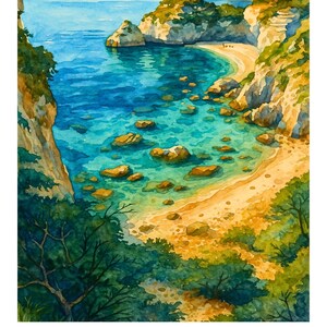Pu&ograve; includere: Dipinto ad acquerello di Corf&ugrave;, Grecia, con una baia turchese con formazioni rocciose e una spiaggia sabbiosa. La vegetazione verde lussureggiante incornicia la scena, con il testo "CORFU" e "GREECE" in basso.
