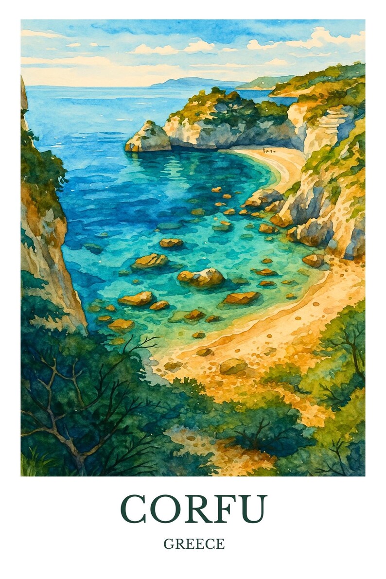 Pu&ograve; includere: Dipinto ad acquerello di Corf&ugrave;, Grecia, con una baia turchese con formazioni rocciose e una spiaggia sabbiosa. La vegetazione verde lussureggiante incornicia la scena, con il testo "CORFU" e "GREECE" in basso.