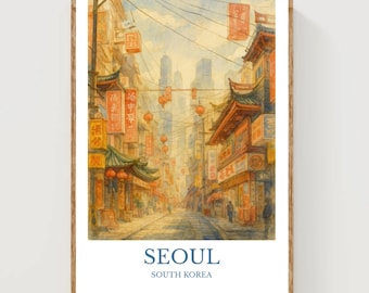 Seúl, póster con diseño de acuarela, impresión de Corea del Sur, arte mural de Seúl