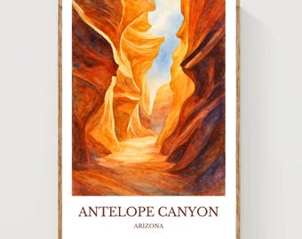 May include: Watercolor print of Antelope Canyon in Arizona, framed in a wooden frame. The artwork depicts the canyon's sandstone walls in shades of orange, red, and yellow, with a glimpse of blue sky. The text "ANTELOPE CANYON ARIZONA" is printed at the bottom.