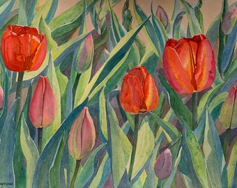 Douze tulipes : d’ici là, impression à l’aquarelle