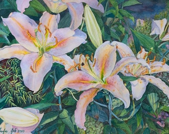 Vita liljor, original akvarellmålning, blommor, 35x51 cm