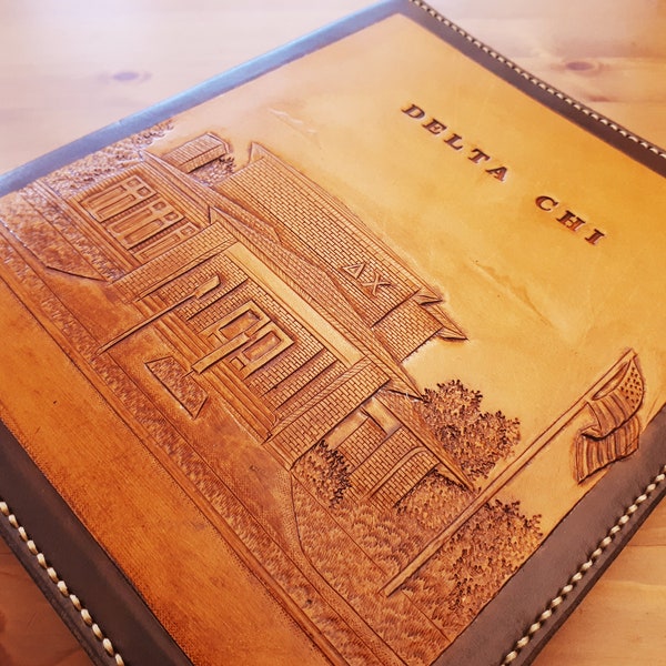 Custom Leather Photo Album / Personalized Handmade Photo Album / Carved Drawing of your Cabin, Landscape, House, Wedding Church, School