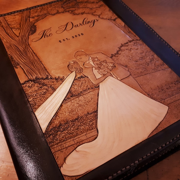 Custom Leather Photo Album / Personalized Handmade Photo Album / Carved Drawing of your Cabin, Landscape, House, Wedding Church, School