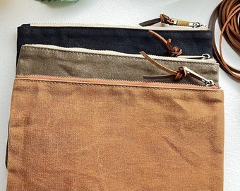 3 Waxed Canvas Pouches With Zipper, Clutch bag,  Cosmetic Bag, Tool bag, Small Wallet Zipper, Passport Case, Camping zip bag- Great Gift