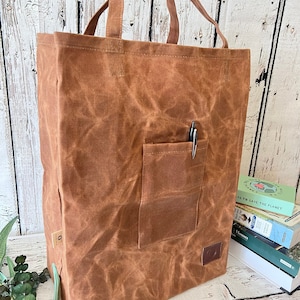 Grey Heavy Canvas Reusable Multi-Pocket Market Tote Bag with Black Vegan Leather Handles and Base main image 1