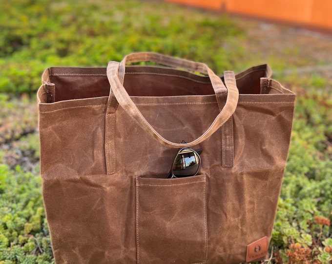 Waxed Canvas Tote Bag With Shoulder Strap - Reusable and Foldable Eco-Friendly Supermarket Bag - lightweight and Strong material -Great Gift