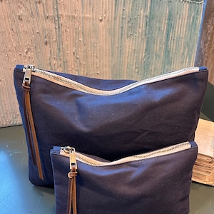 Bolsa de lona encerada azul marinho com zíper, conjunto de bolsas de lona, bolsa de viagem de lona média grande com puxador de couro, bolsas com forro azul