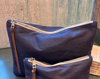 Navy Waxed Canvas Pouch Set: Travel Cosmetic Bags with Leather Pull