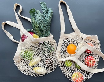 Cotton Net Tote Bag: Cream Beige Market Bag with Wide Handles