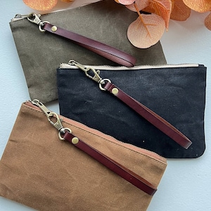 Bolsa de lona encerada com zíper, bolsa clutch preta com zíper, bolsa de lona encerada, carteira com alça, bolsa de pulso, carteira de viagem, carteira pequena, presente
